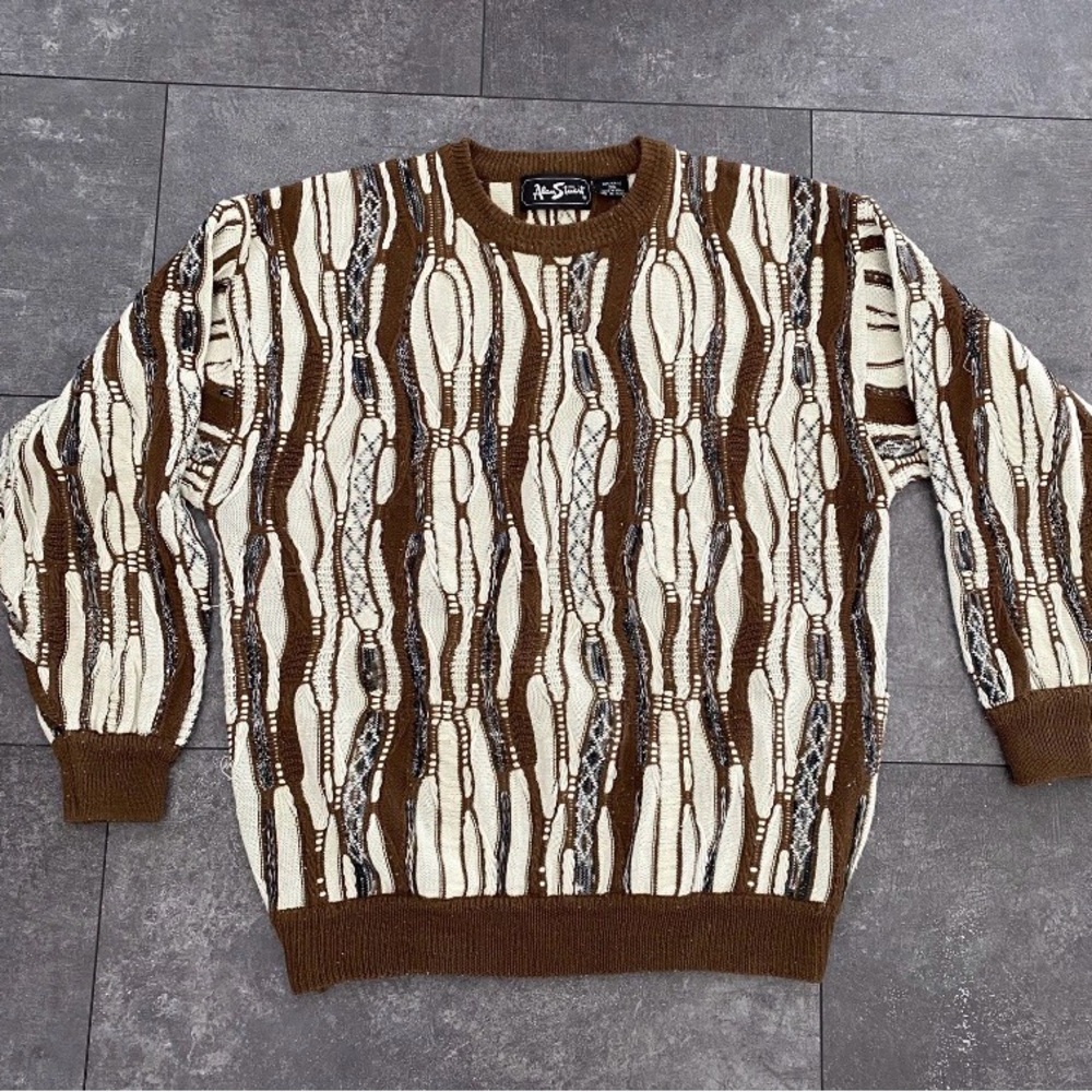 Vintage Alan Stuart Sweater Mens 2XL Brown White 3D Knit Cosby Style Korea 90s